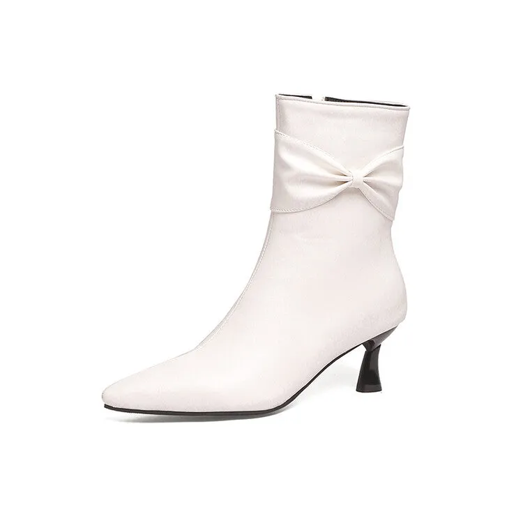 Women's Pu Leather Pointed Toe Side Bow Tie Spool Heel Ankle Boots