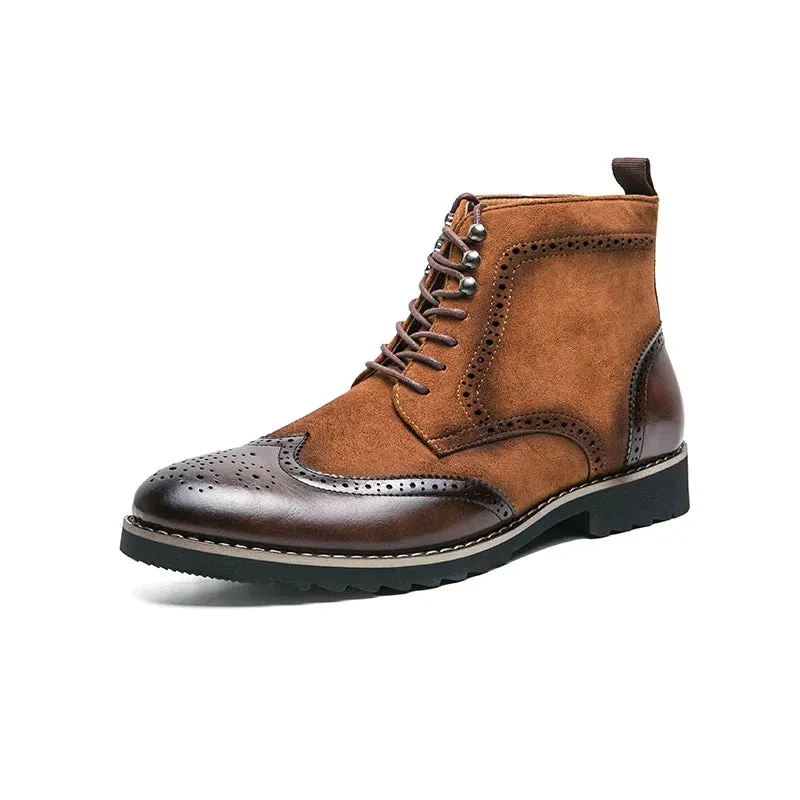 Ashore Shop New Men's Retro Boots Brown Flock Lace-up Shoes