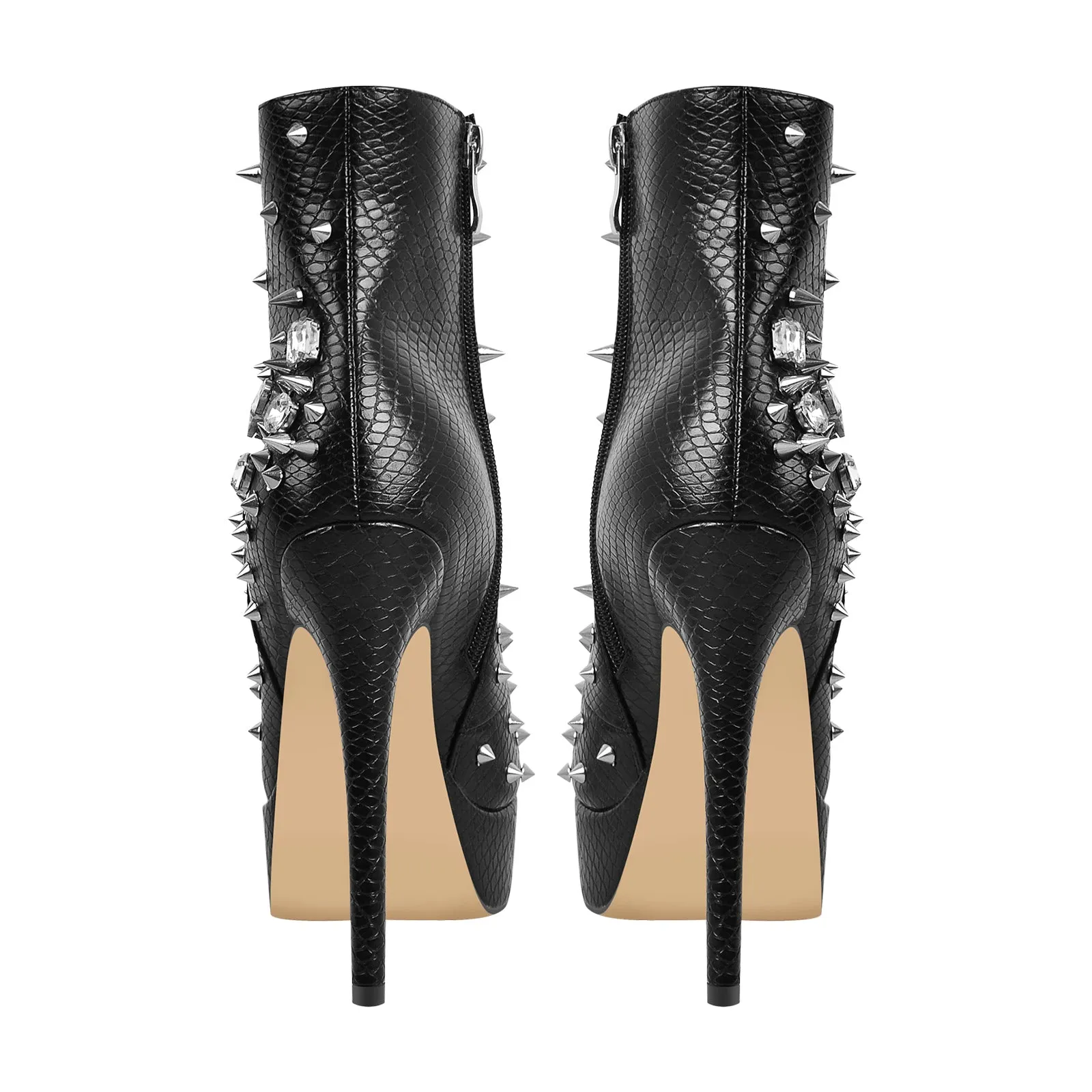 Black Rhinestone Rivet Studded Platform Ankle Boots