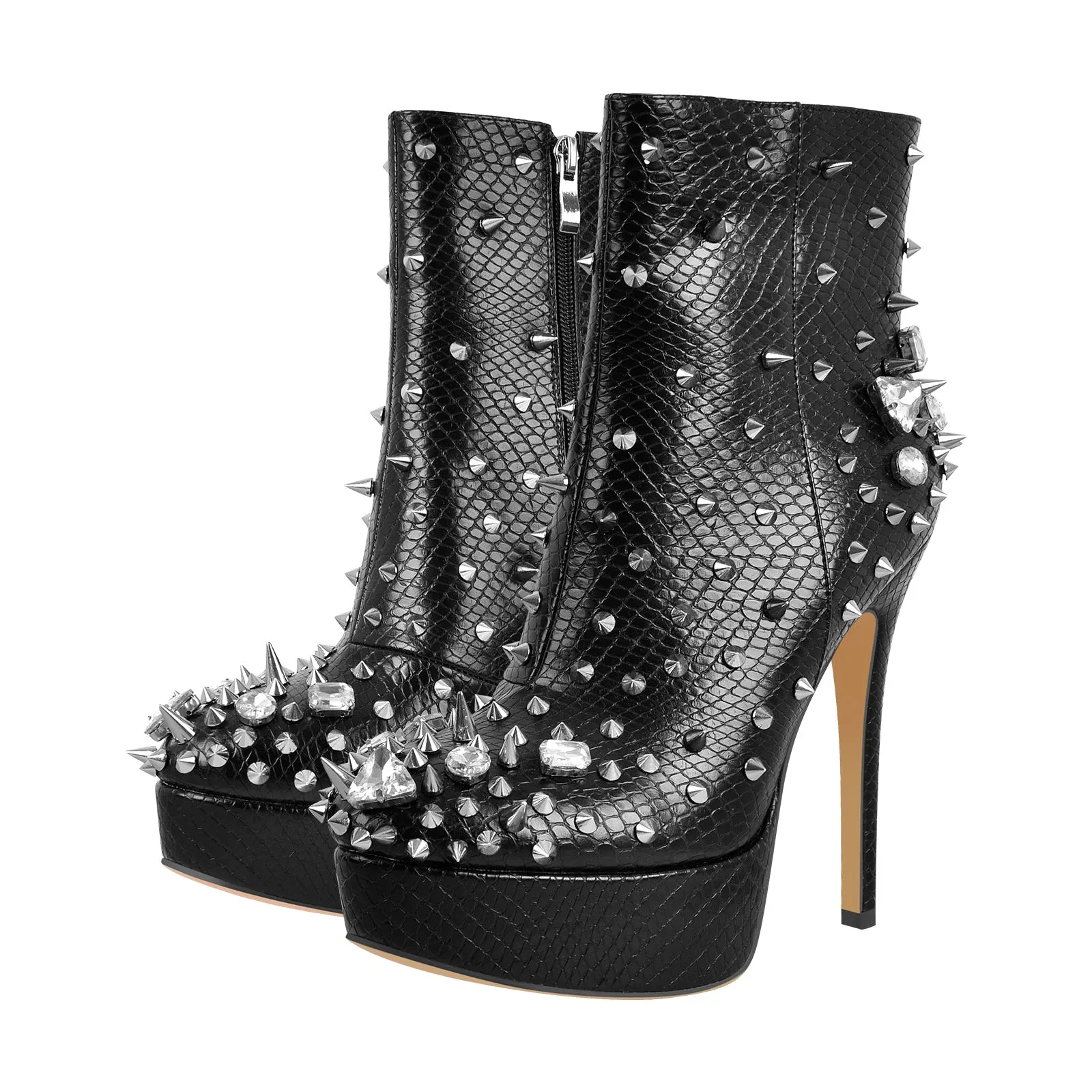 Black Rhinestone Rivet Studded Platform Ankle Boots