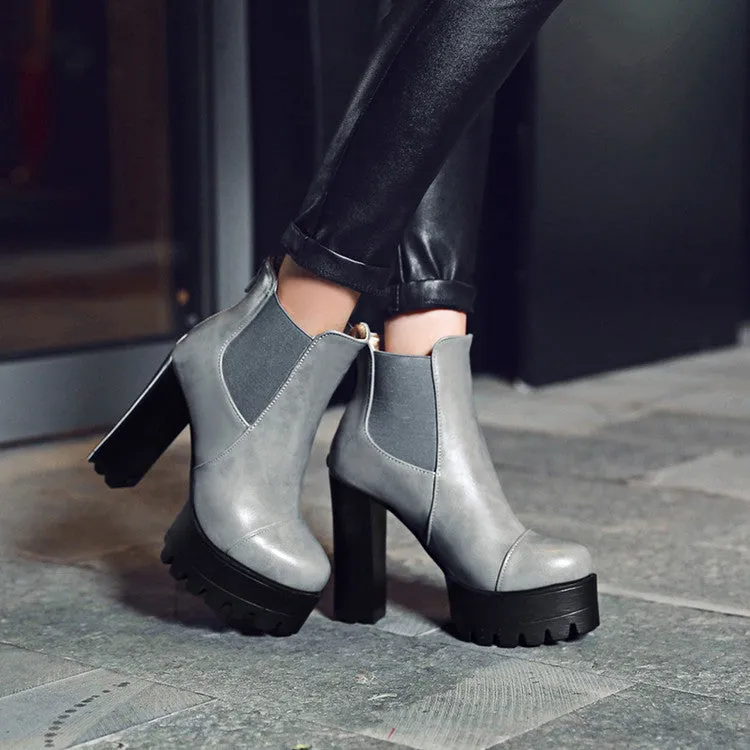 Women's Pu Leather Round Toe Back Zippers Block Chunky Heel Platform Ankle Boots