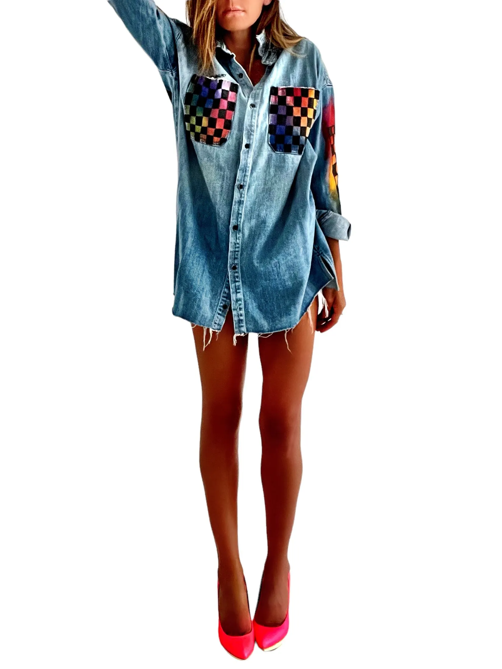 'Geo Waves' Denim Shirt Dress