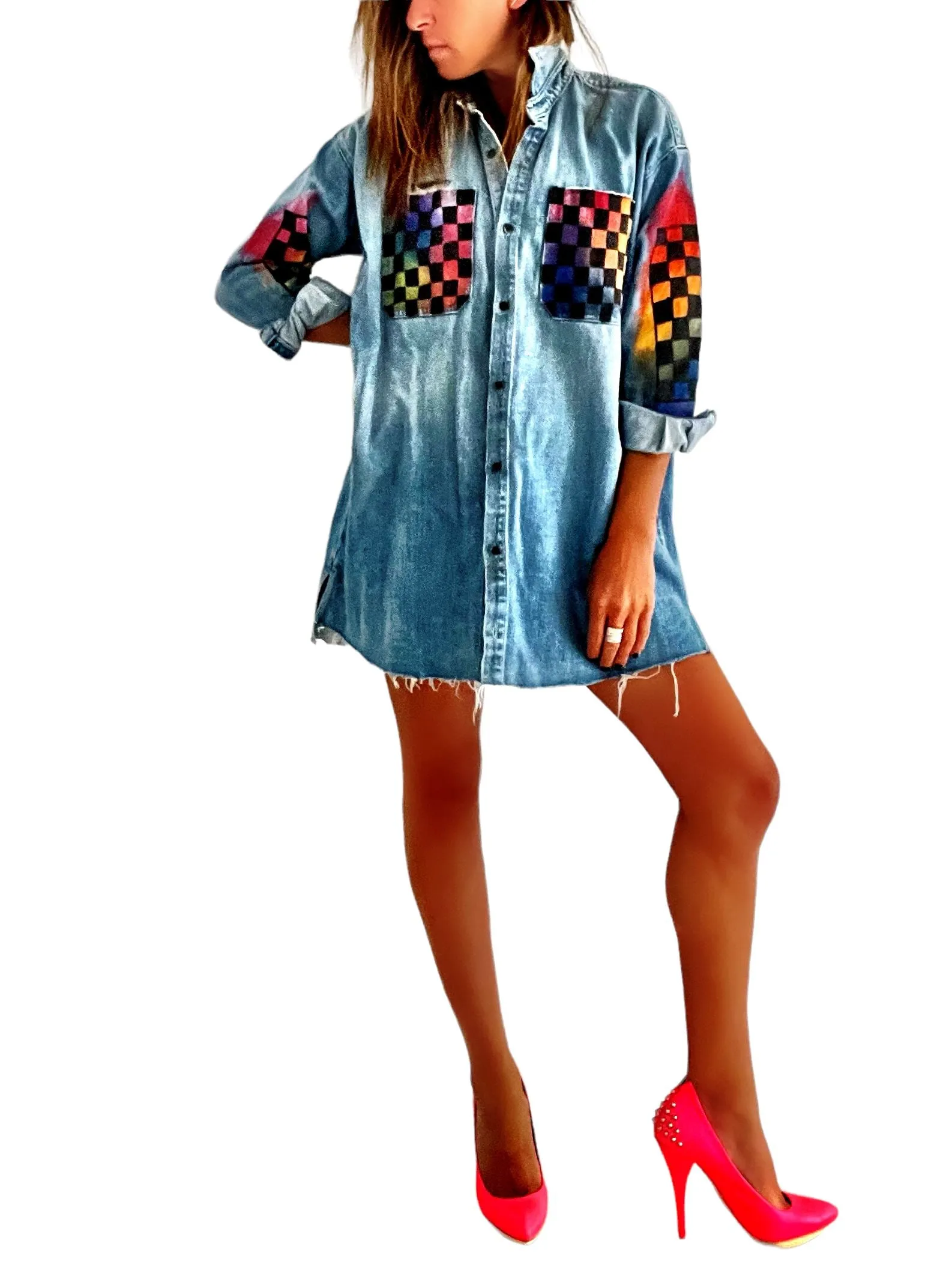 'Geo Waves' Denim Shirt Dress