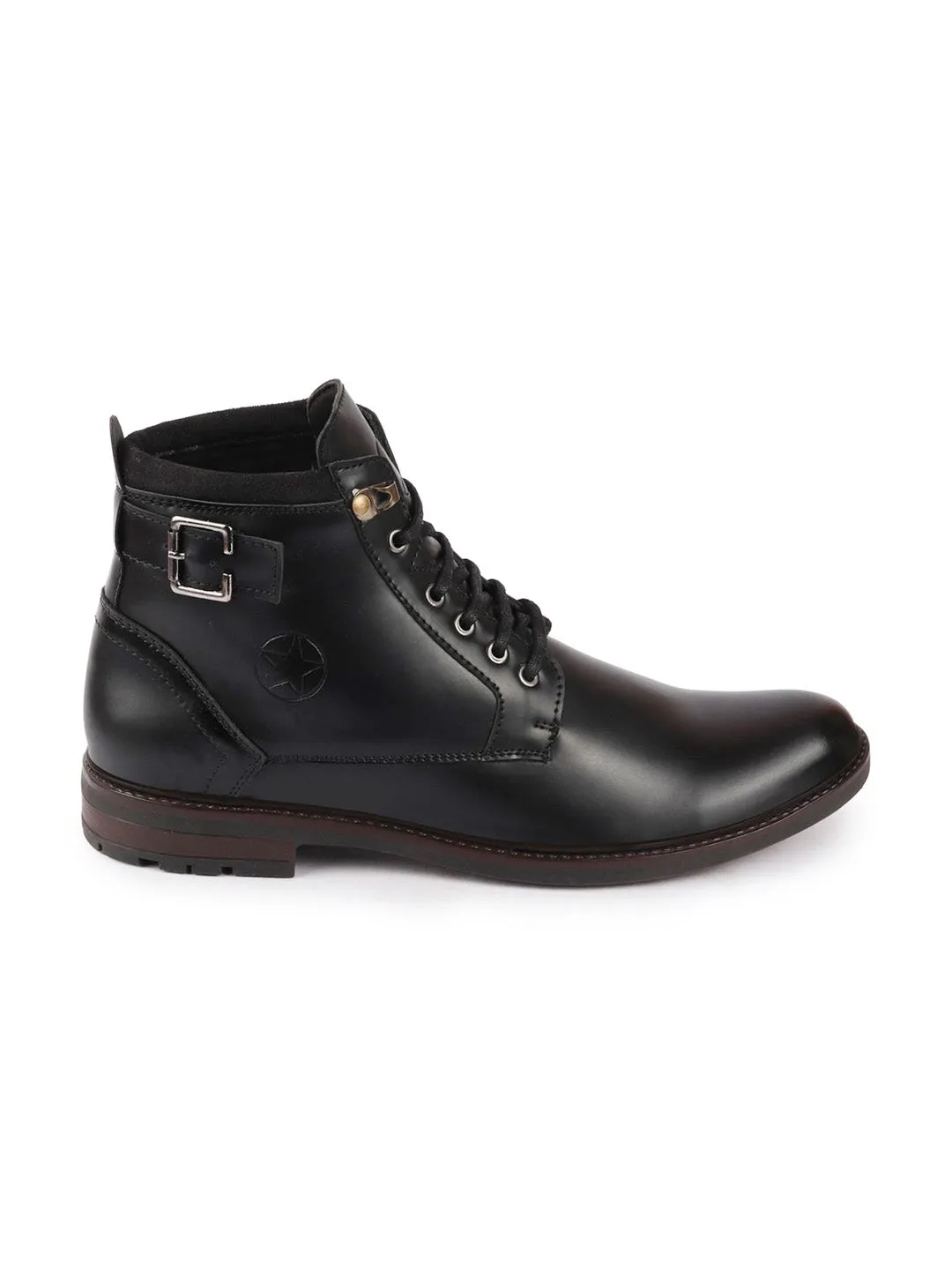 Men Black High Ankle Buckle Boots