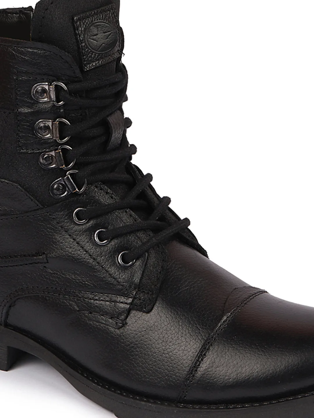 Men Black High Ankle Genuine Leather Hook and 3-Eye Lace Up Side Zipper Cap Toe Stitched Biker Boots