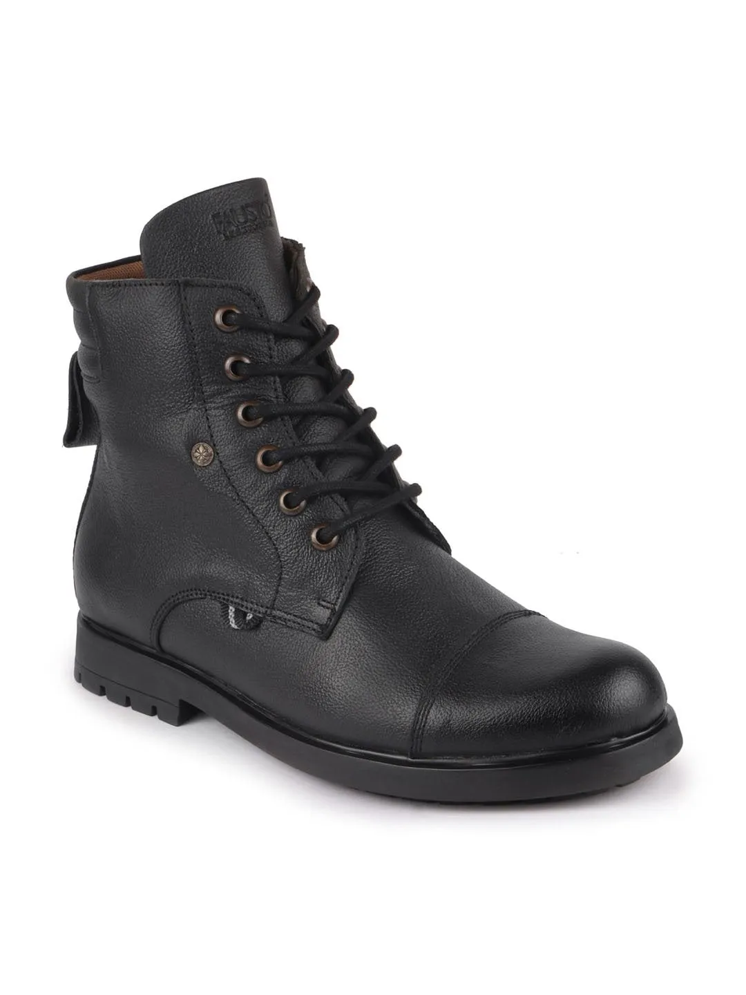 Men Black Leather Lace Up High Top Boots