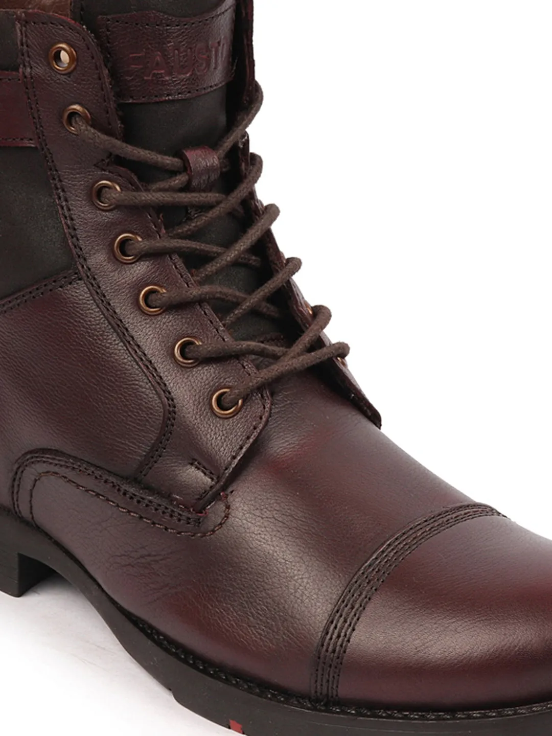 Men Brown High Ankle Genuine Leather 7-Eye Cap Toe Lace Up Closure Side Zipper Combat Boots