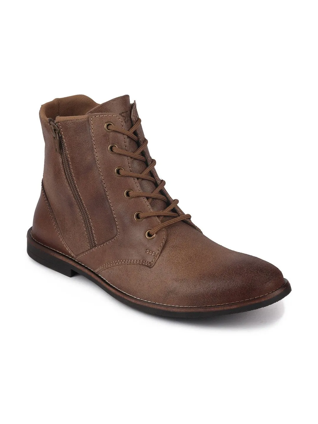 Men Brown High Ankle Lace Up Leather Zipper Boots