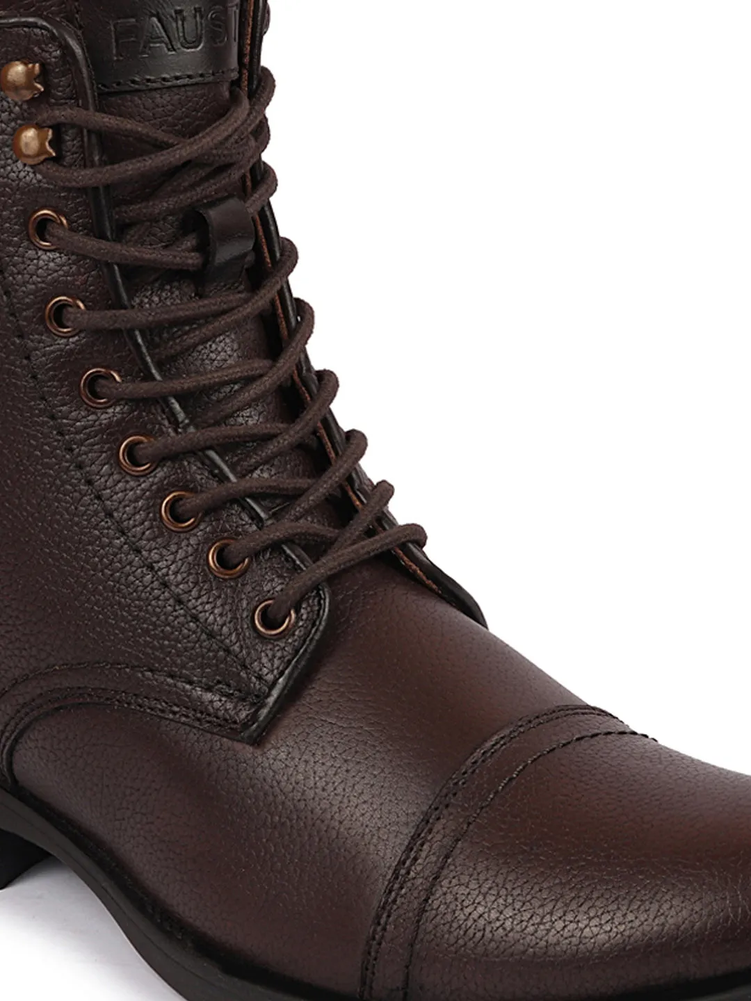 Men Brown High Top Genuine Leather Hook and 7-Eye Lace Up Side Zipper Cap Toe Classic Flat Boots