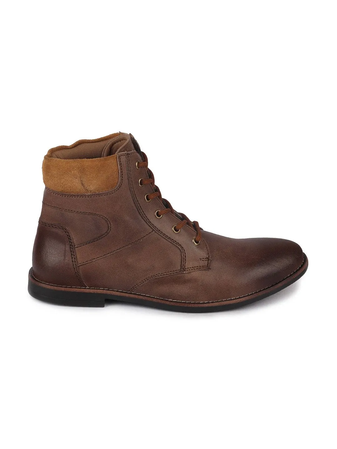 Men Brown Mid Top Lace Up Leather Boots