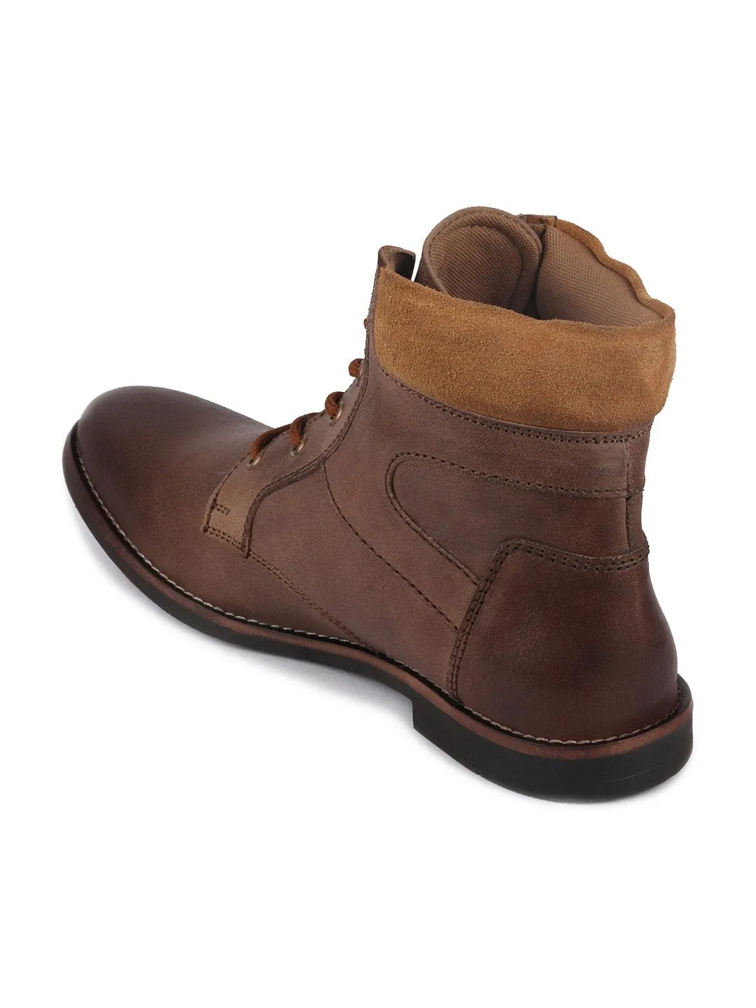 Men Brown Mid Top Lace Up Leather Boots