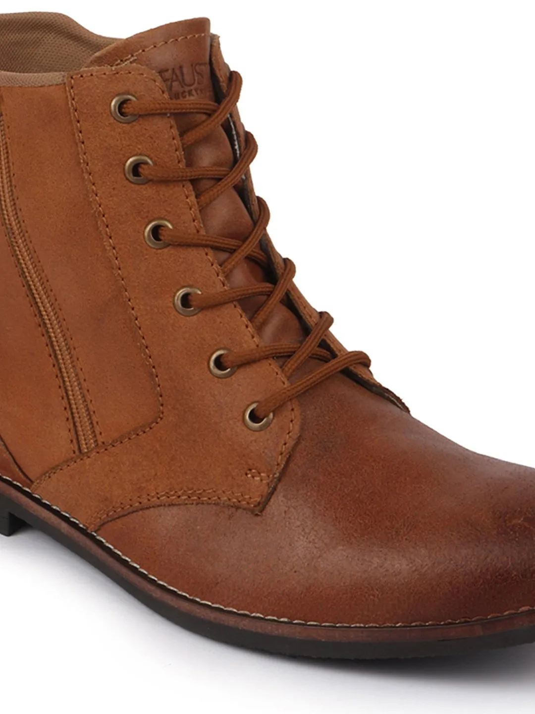 Men Tan High Ankle Lace Up Leather Zipper Boots