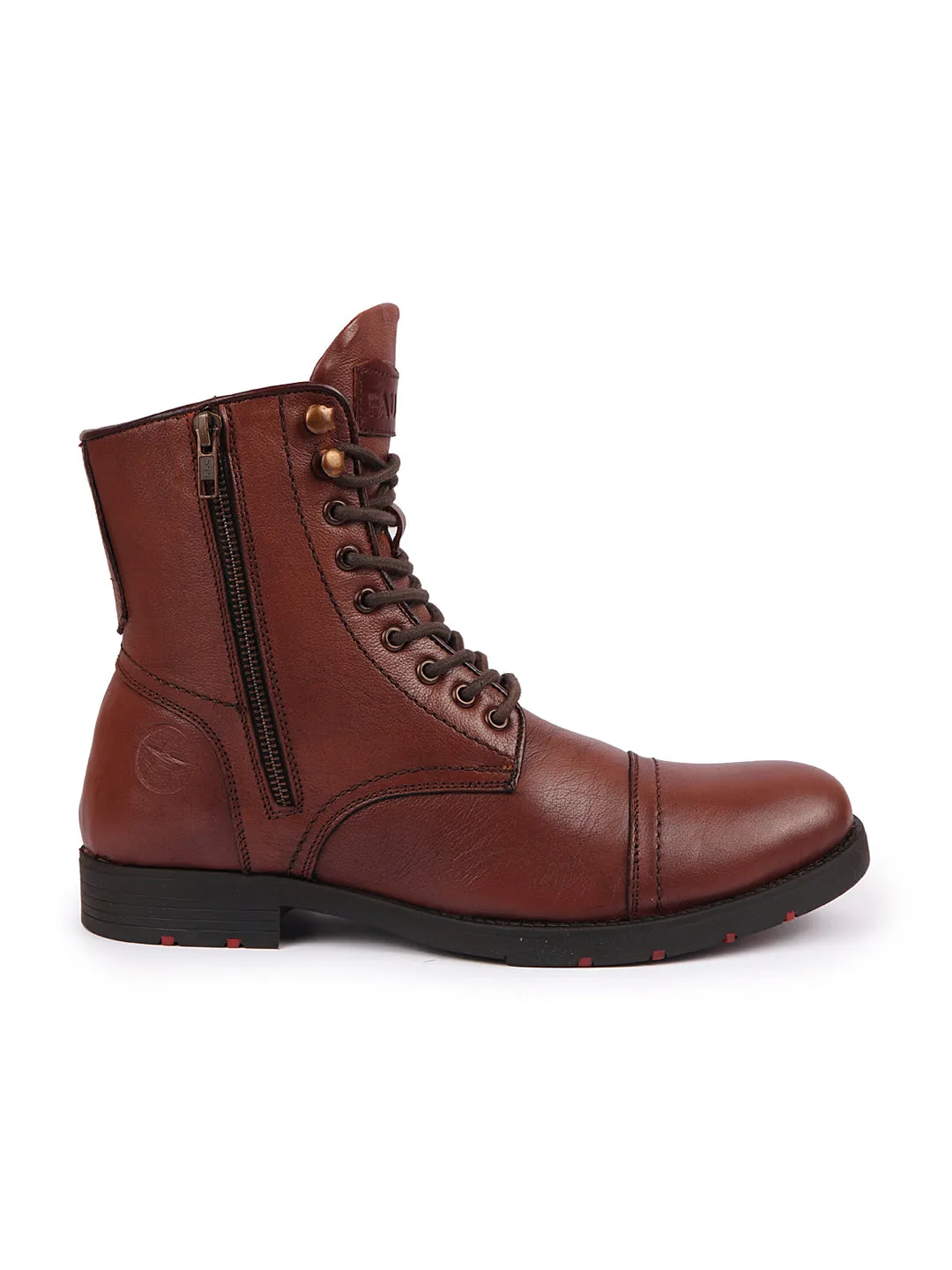 Men Tan High Top Genuine Leather Hook and 7-Eye Lace Up Side Zipper Cap Toe Classic Flat Boots