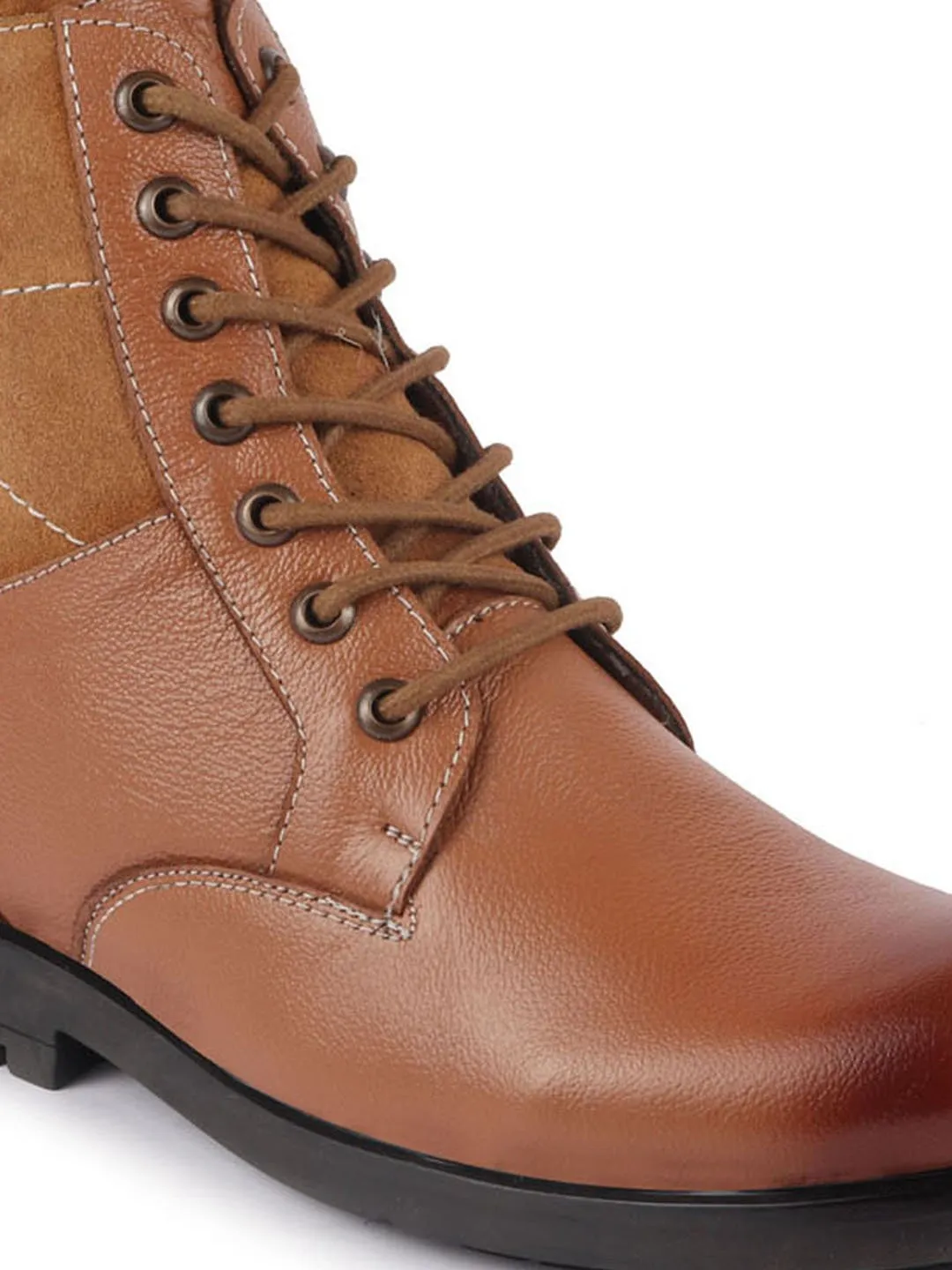 Men Tan Leather Lace Up High Top Boots