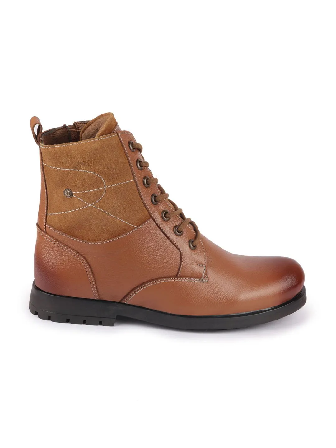 Men Tan Leather Lace Up High Top Boots