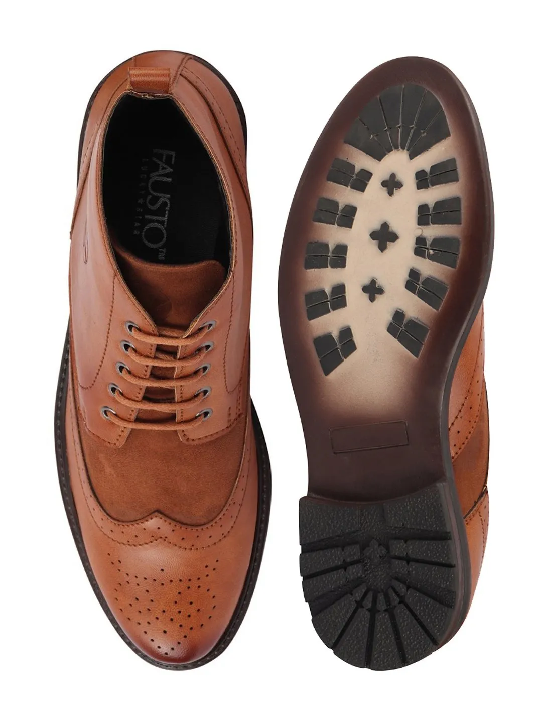 Men Tan Wingtip Lace Up Boots