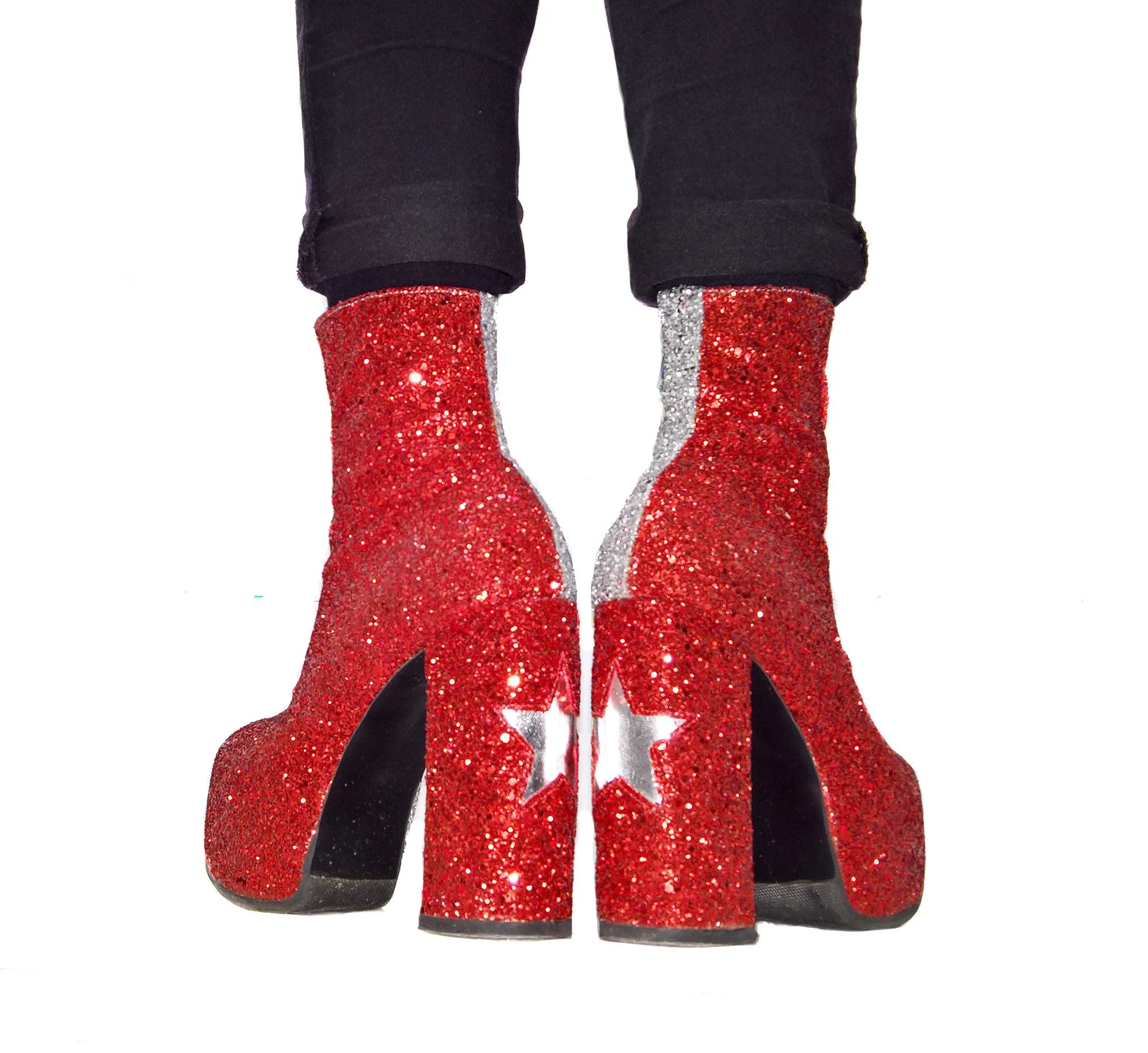 STARDUST Harlequin Platform Ankle Boots in Red & Silver Glitter