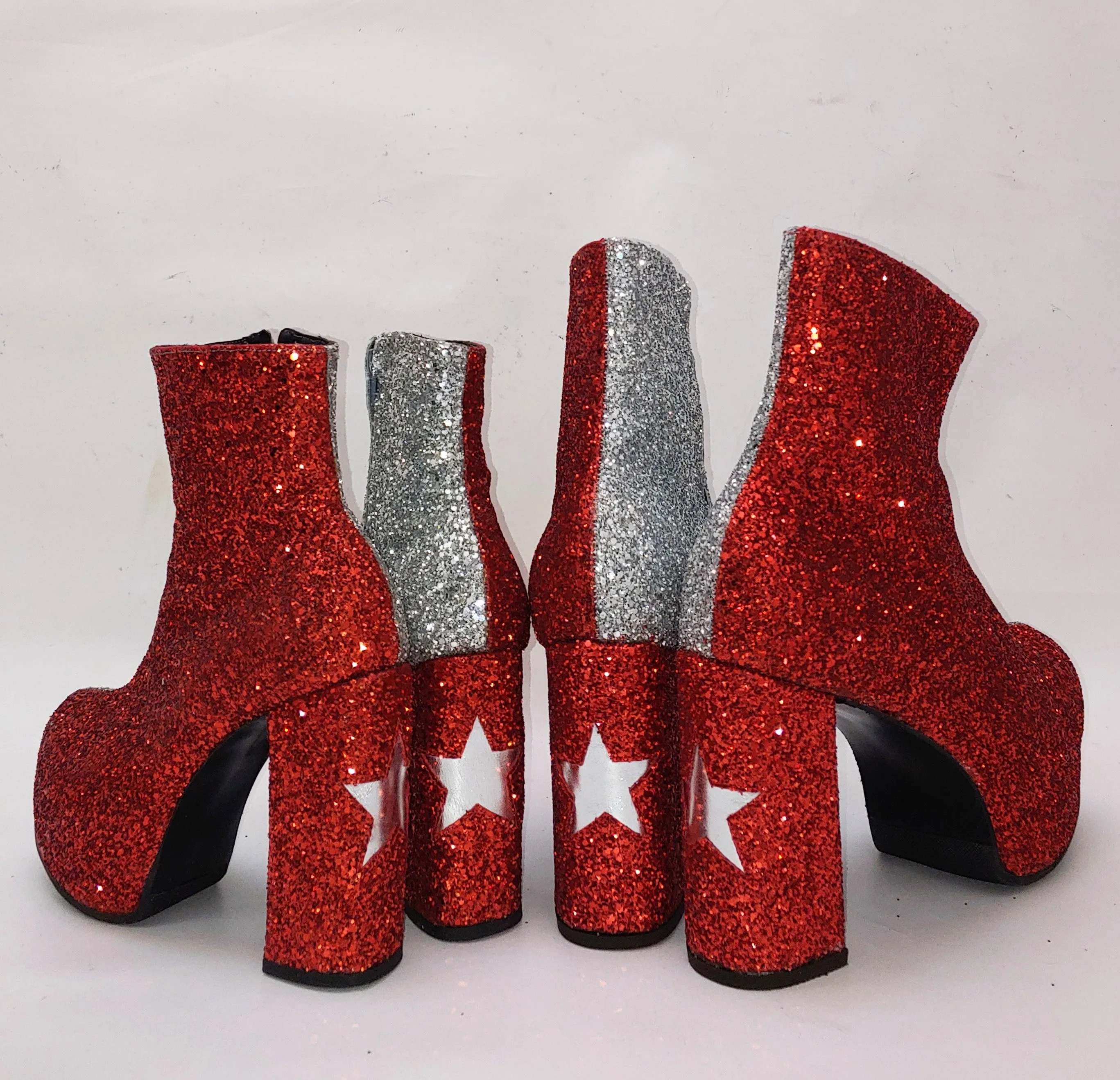 STARDUST Harlequin Platform Ankle Boots in Red & Silver Glitter