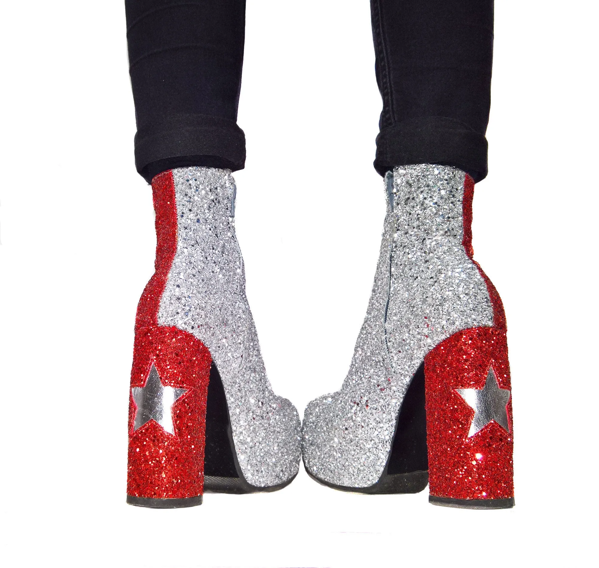 STARDUST Harlequin Platform Ankle Boots in Red & Silver Glitter