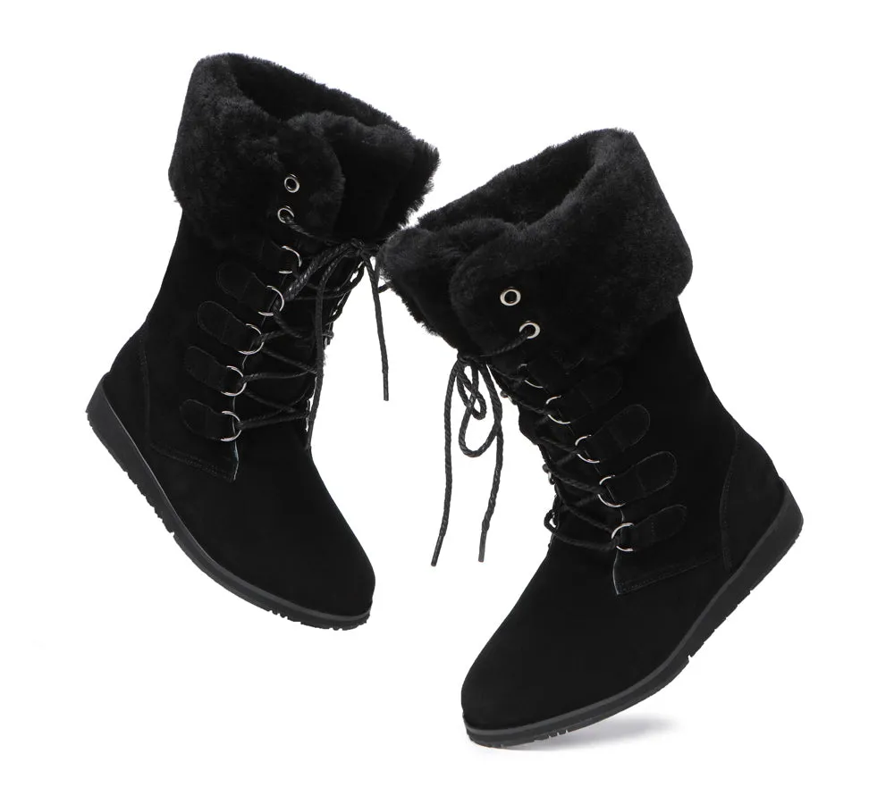 TARRAMARRA Lace Up Mid Calf Fashion Sheepskin Women Boots Becky