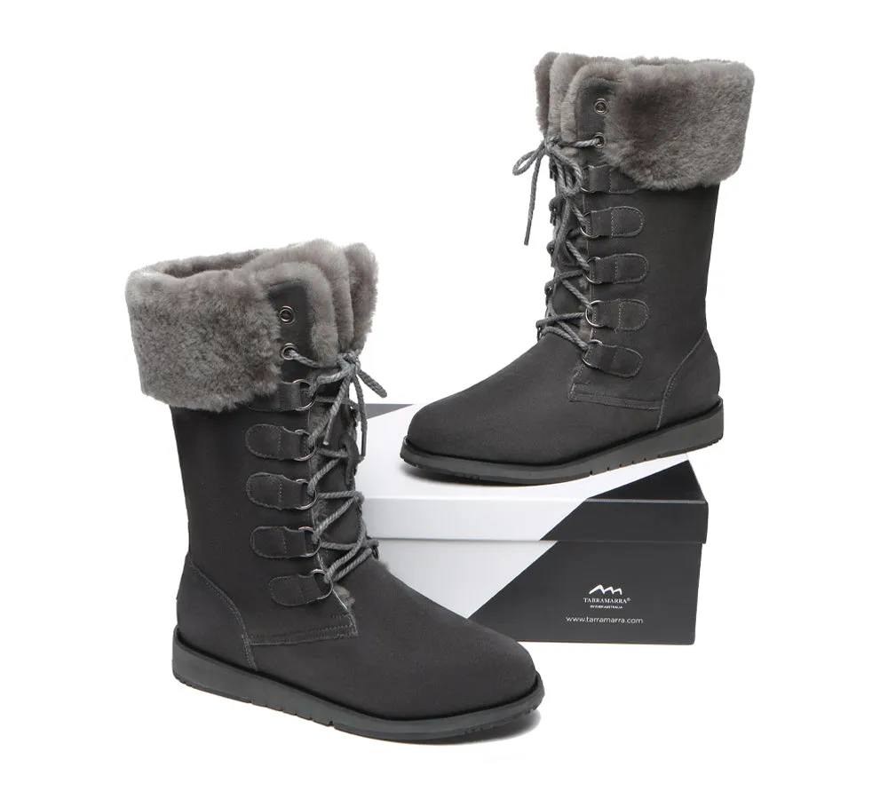 TARRAMARRA Lace Up Mid Calf Fashion Sheepskin Women Boots Becky