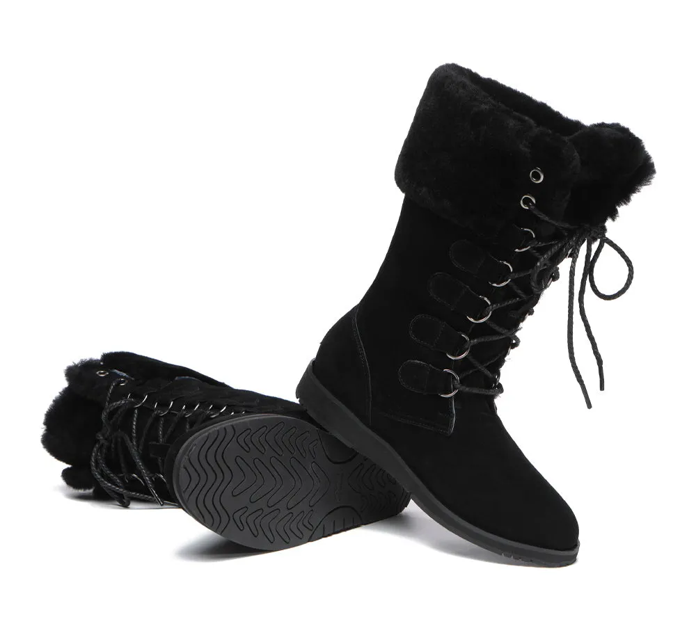 TARRAMARRA Lace Up Mid Calf Fashion Sheepskin Women Boots Becky