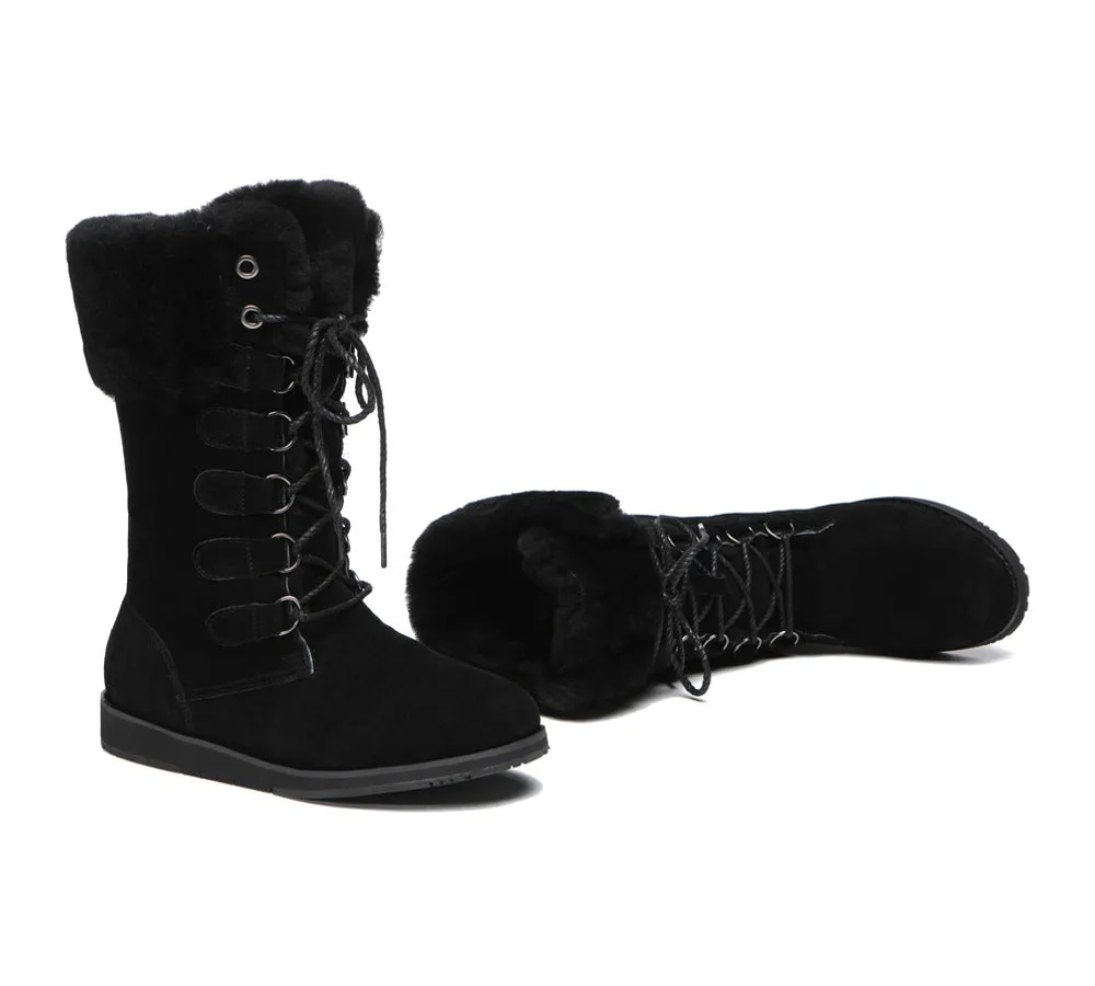 TARRAMARRA Lace Up Mid Calf Fashion Sheepskin Women Boots Becky