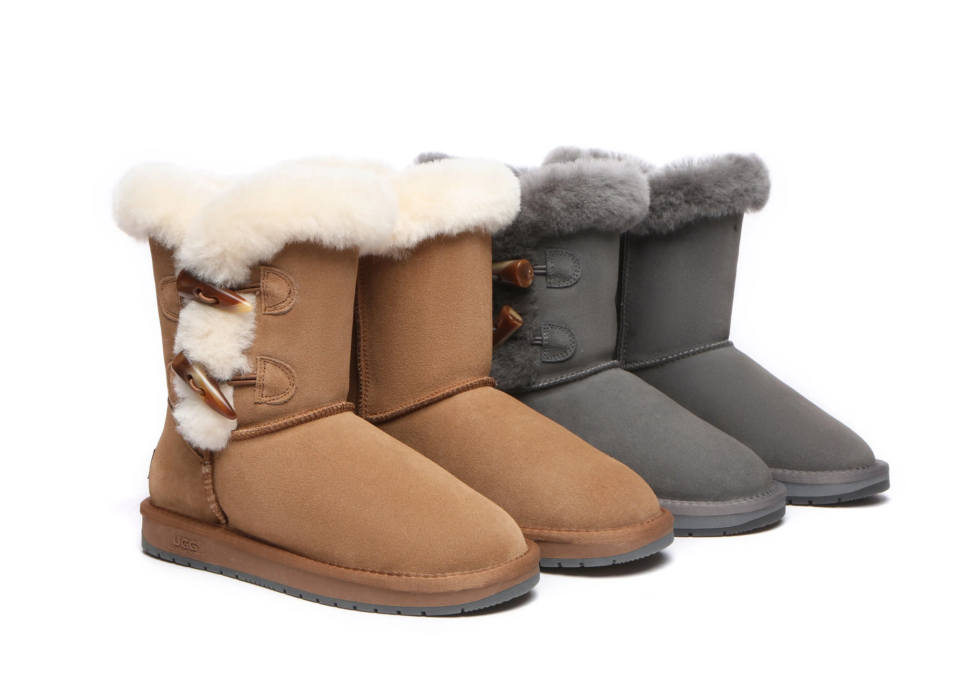 UGG Australian Shepherd Women Short Boots Talia Twin Face Sheepskin Double Horn Toggle Closure