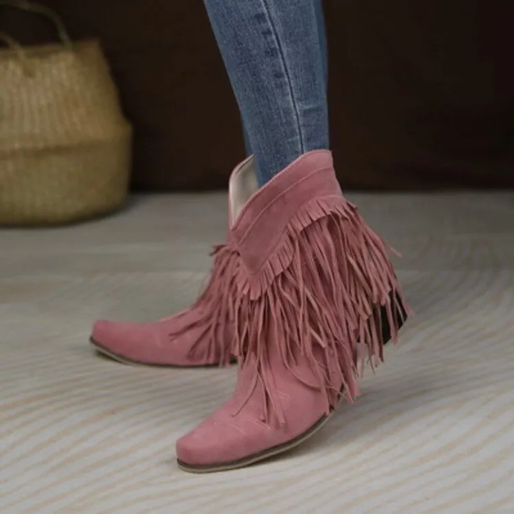 Women's Flock Pointed Toe Tassel Block Chunky Heel Cowboy Ankle Boots