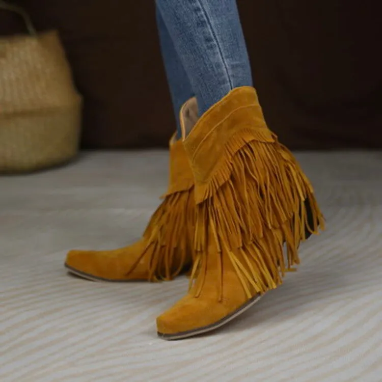 Women's Flock Pointed Toe Tassel Block Chunky Heel Cowboy Ankle Boots