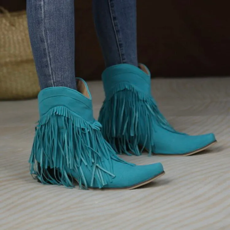 Women's Flock Pointed Toe Tassel Block Chunky Heel Cowboy Ankle Boots