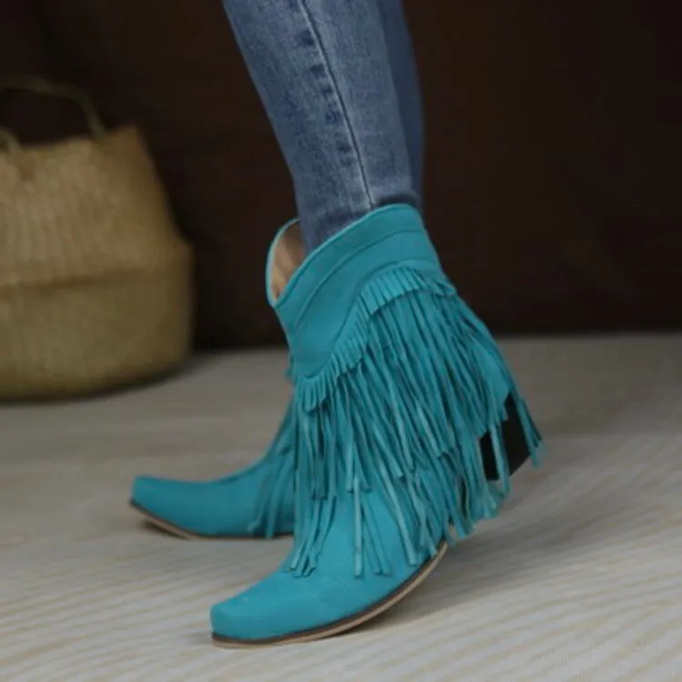 Women's Flock Pointed Toe Tassel Block Chunky Heel Cowboy Ankle Boots