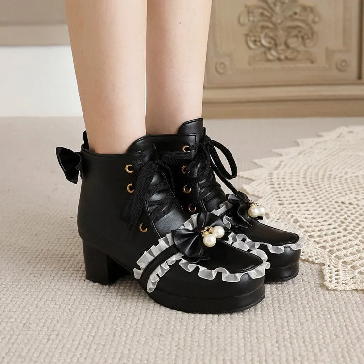 Women's Booties Lolita Lace Bows Block Chunky Heel Platform Short Boots