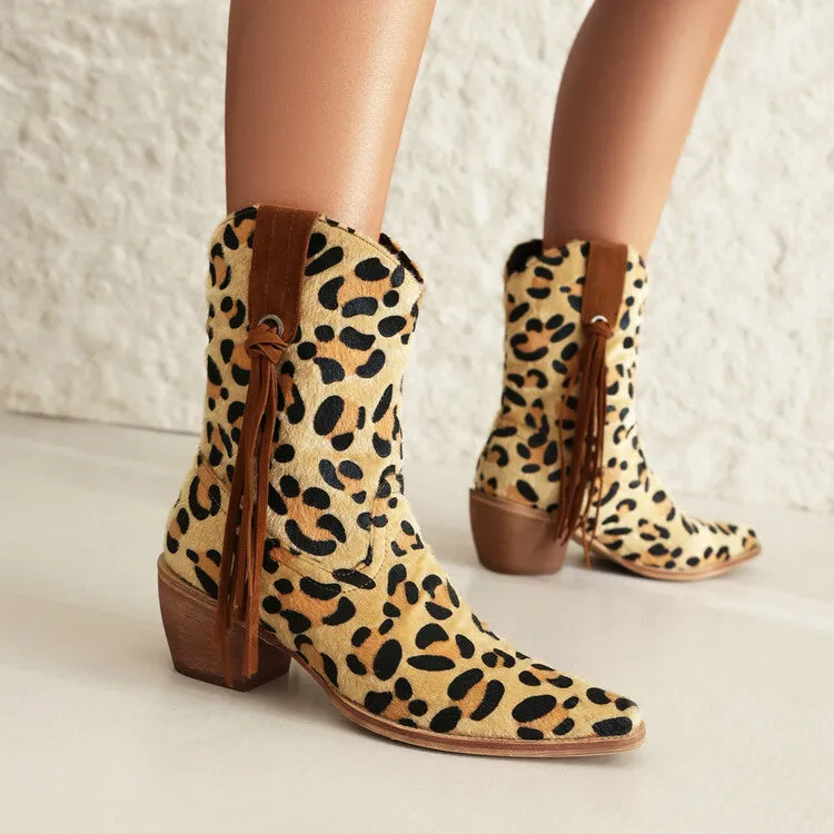 Stylish Womens Western Pointed Toe Short Boots with Beveled Heel and Chic Leopard Print Pattern