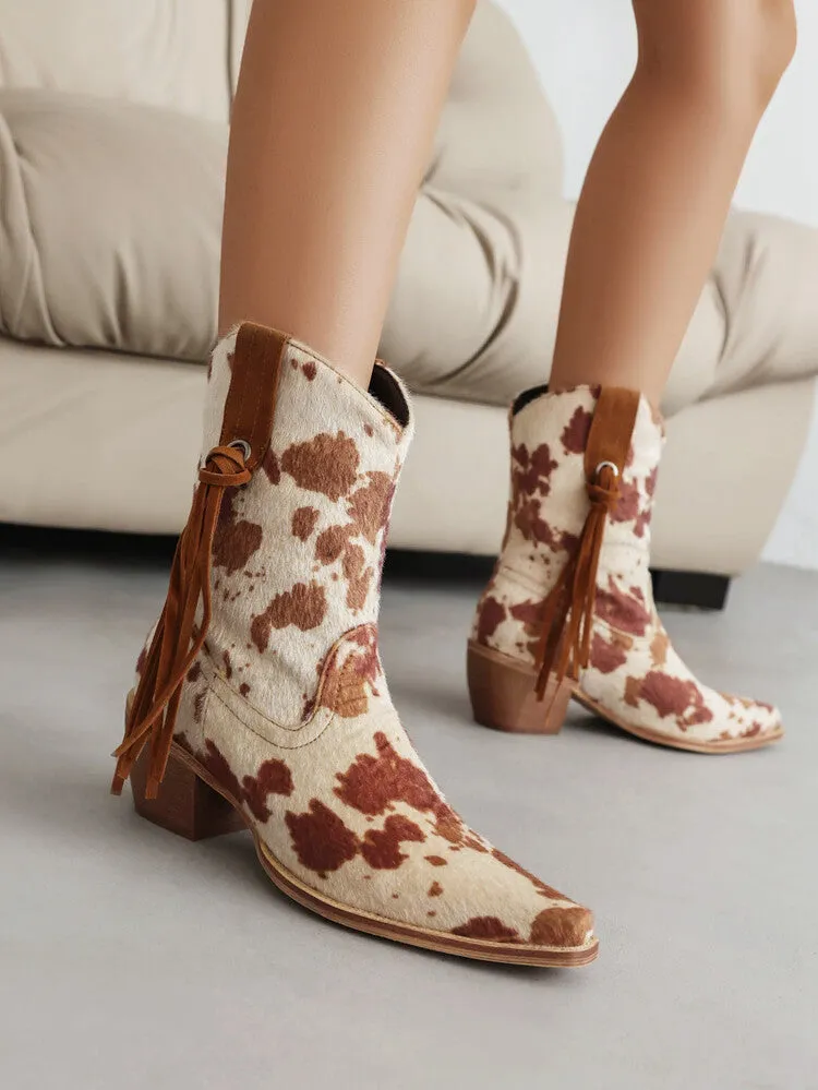 Stylish Womens Western Pointed Toe Short Boots with Beveled Heel and Chic Leopard Print Pattern