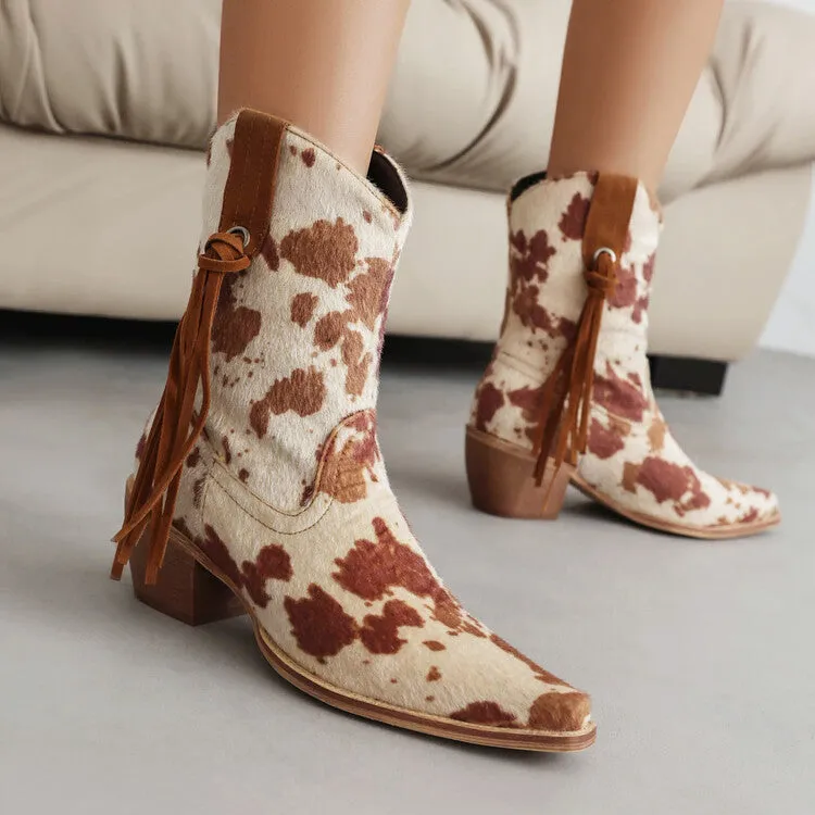 Stylish Womens Western Pointed Toe Short Boots with Beveled Heel and Chic Leopard Print Pattern