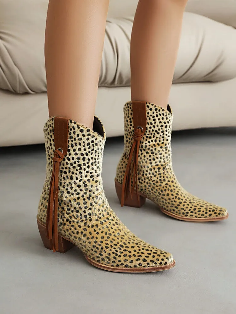 Stylish Womens Western Pointed Toe Short Boots with Beveled Heel and Chic Leopard Print Pattern