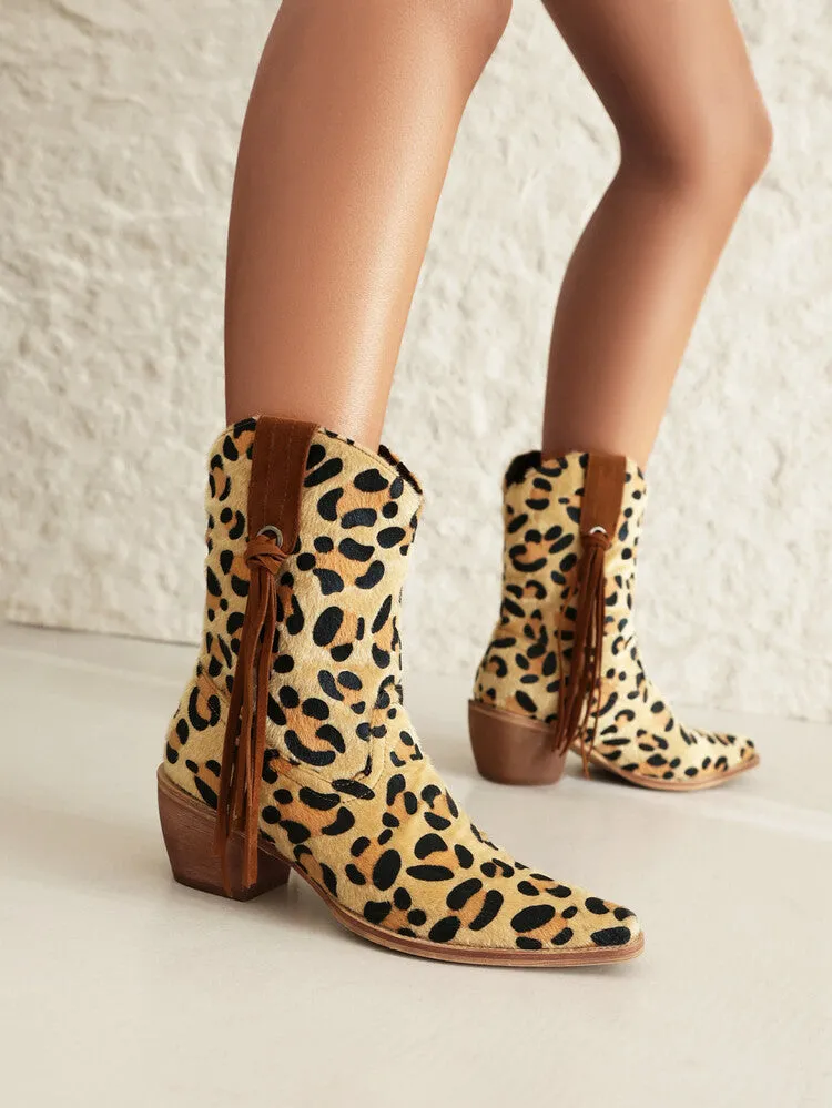 Stylish Womens Western Pointed Toe Short Boots with Beveled Heel and Chic Leopard Print Pattern