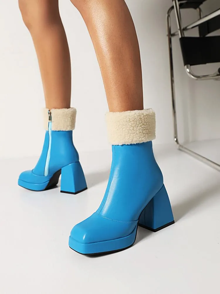 Women's Booties Pu Leather Square Toe Side Zippers Floppy Block Chunky Heel Platform Short Boots