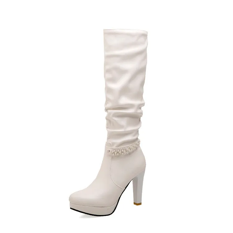 Women's Rhinestone Buckle Straps Side Zippers Block Chunky Heel Platform Knee High Boots