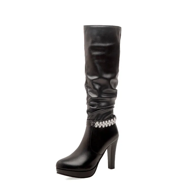 Women's Rhinestone Buckle Straps Side Zippers Block Chunky Heel Platform Knee High Boots