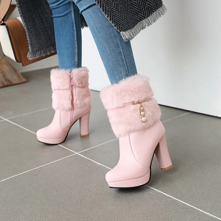 Women's Booties Fur Fold Block Chunky Heel Platform Short Boots