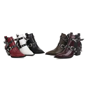 Women's Crocodile Pattern Pointed Toe Buckles Belts Rivets Block Heel Short Boots