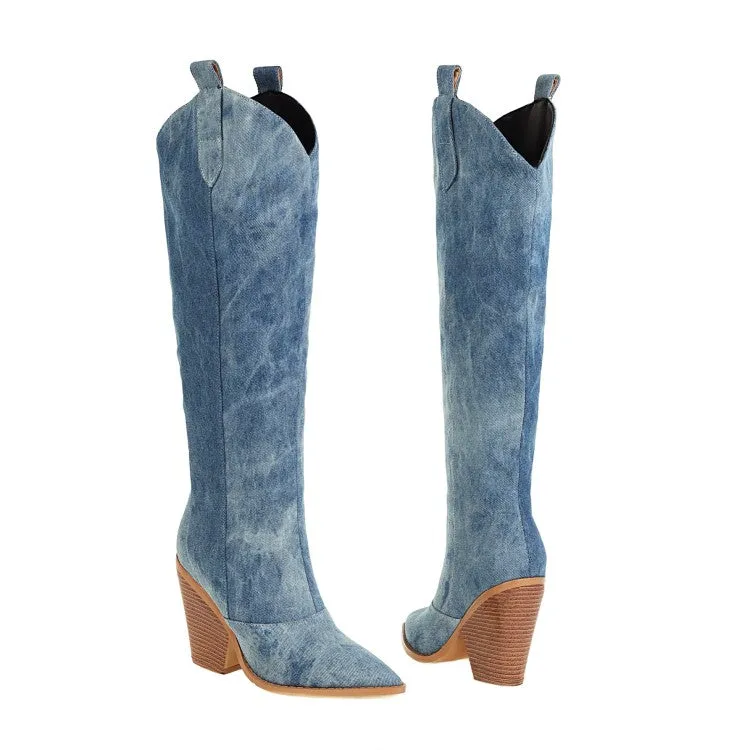 Women's Denim Pointed Toe Block Chunky Heel Cowboy Knee High Boots