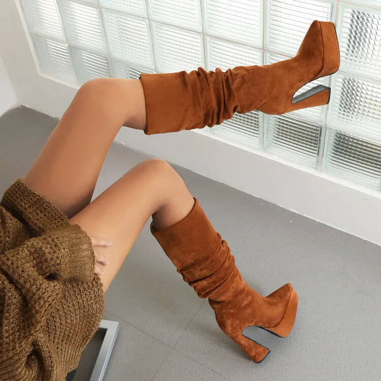 Women's Flock Pointed Toe Spool Heel Platform Knee High Boots