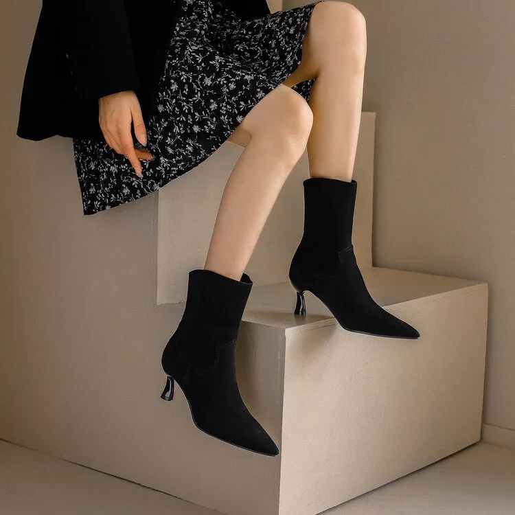 Women's Flock Pointed Toe Stitch Spool Heel Ankle Boots