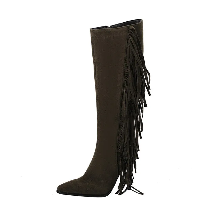 Women's Flock Pointed Toe Tassel Stiletto Heel Knee-High Boots