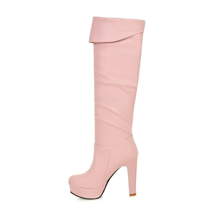 Women's Folded Block Chunky Heel Platform Knee High Boots