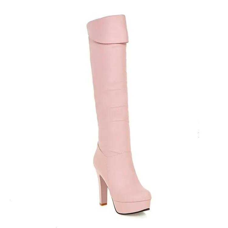 Women's Folded Block Chunky Heel Platform Knee High Boots