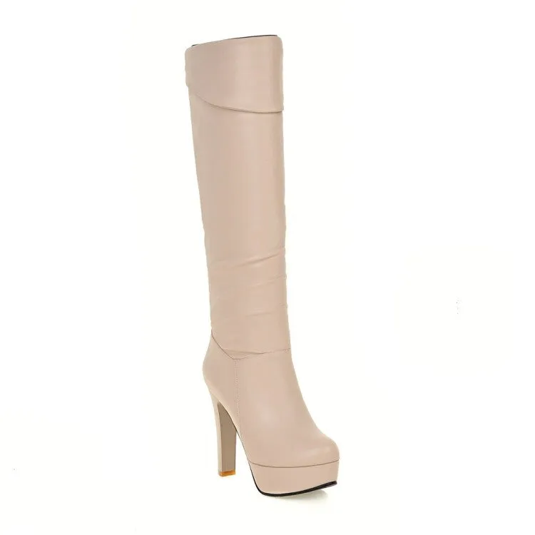 Women's Folded Block Chunky Heel Platform Knee High Boots